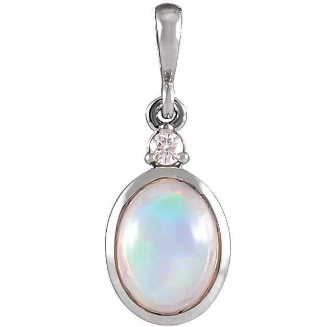 14K White Gold Natural Ethiopian Opal & Diamond Pendant - Bezel-Set