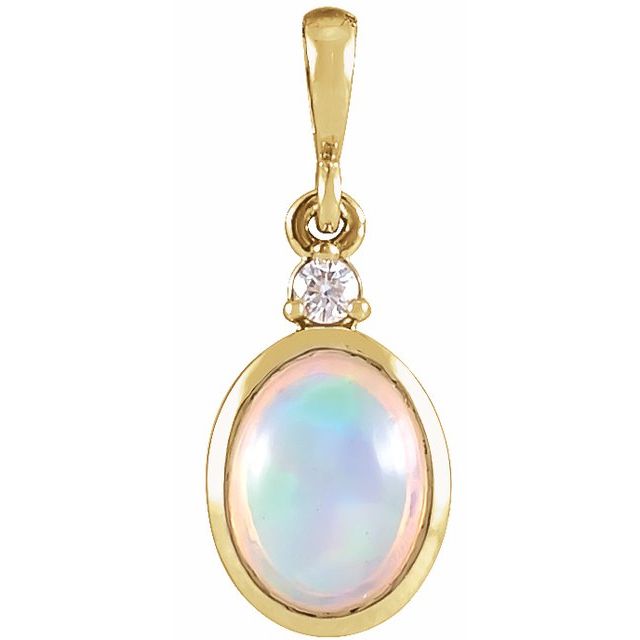 14K White Gold Natural Ethiopian Opal & Diamond Pendant - Bezel-Set