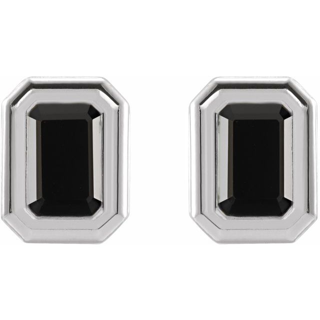 14K White Gold Black Onyx Solitaire Earrings with Emerald Accents