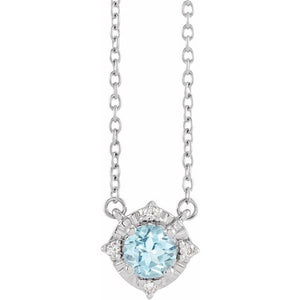 1/100 CTW Natural Aquamarine Round Necklace in 14K Gold & Sterling Silver