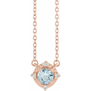 1/100 CTW Natural Aquamarine Round Necklace in 14K Gold & Sterling Silver
