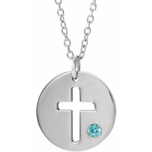 14K Gold .03 Ctw Natural Diamond Pierced Cross Disc Necklace