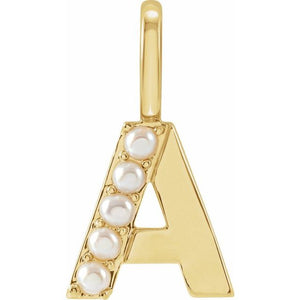 14K Gold Cultured White Freshwater Pearl Initial Charm Pendant