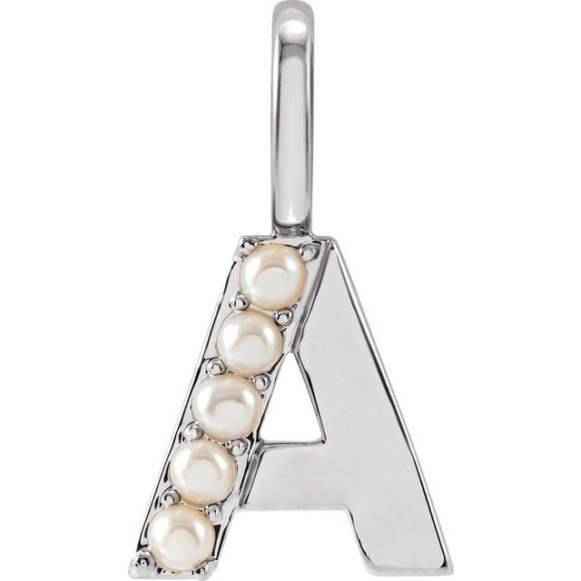 14K Gold Cultured White Freshwater Pearl Initial Charm Pendant