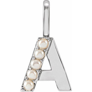 14K Gold Cultured White Freshwater Pearl Initial Charm Pendant