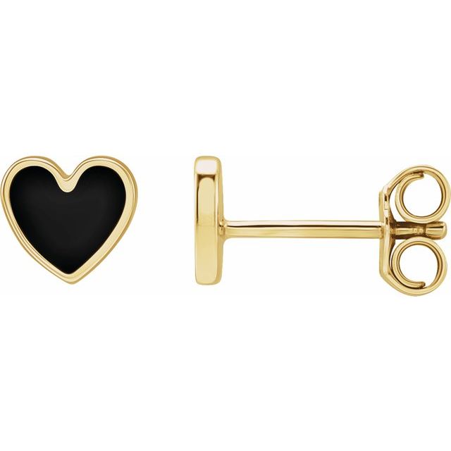 14K Gold Black Enamel Heart Stud Earrings