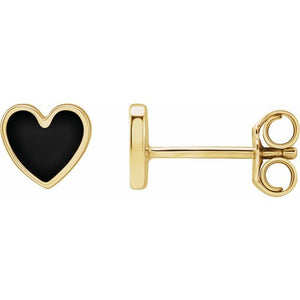 14K Gold Black Enamel Heart Stud Earrings
