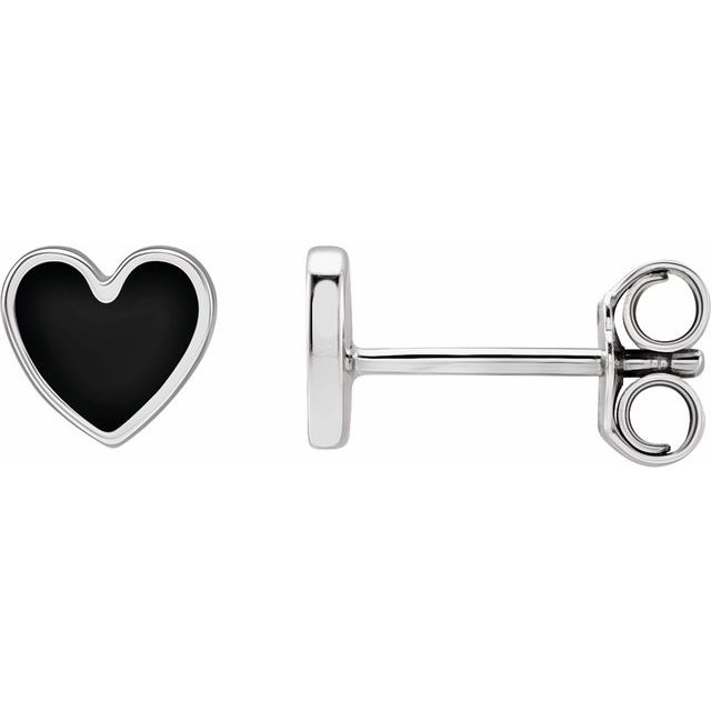 14K Gold Black Enamel Heart Stud Earrings
