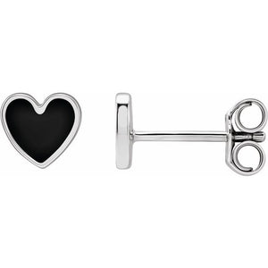 14K Gold Black Enamel Heart Stud Earrings