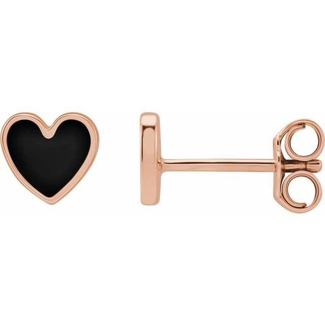14K Gold Black Enamel Heart Stud Earrings