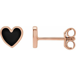 14K Gold Black Enamel Heart Stud Earrings