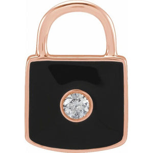 .035 Ct Natural Diamond And White Enamel Lock Charm/Pendant
