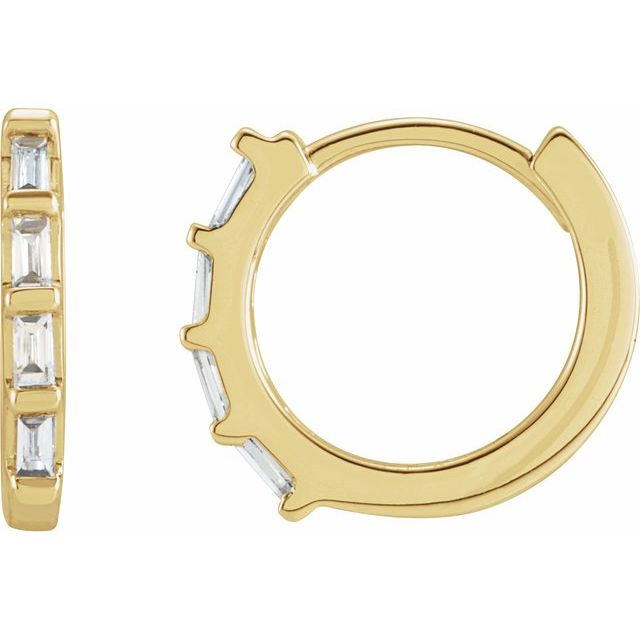 14K Yellow Gold Natural Diamond Huggie Earrings with Baguette Accents