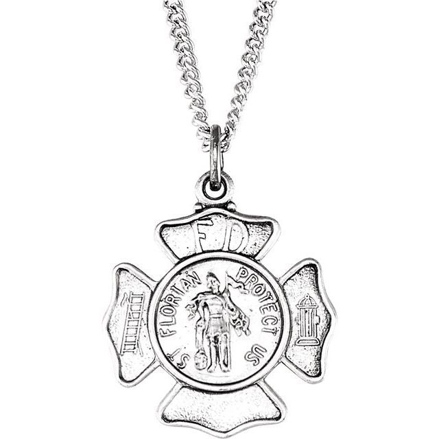 Sterling Silver 25 mm St. Florian Medal Necklace - 24 Inch Chain