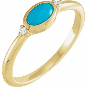 14K Gold Turquoise and Diamond Bezel-Set Cabochon Ring