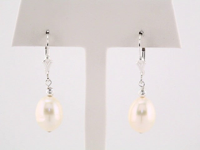 Sterling Silver 9-9.5 mm White Freshwater Pearl Leverback Earrings