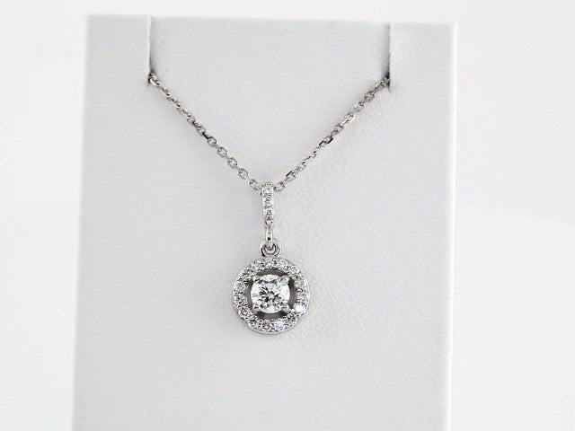 14K White Gold 1/2 CTW Diamond Halo Necklace - 18 Inch Elegance