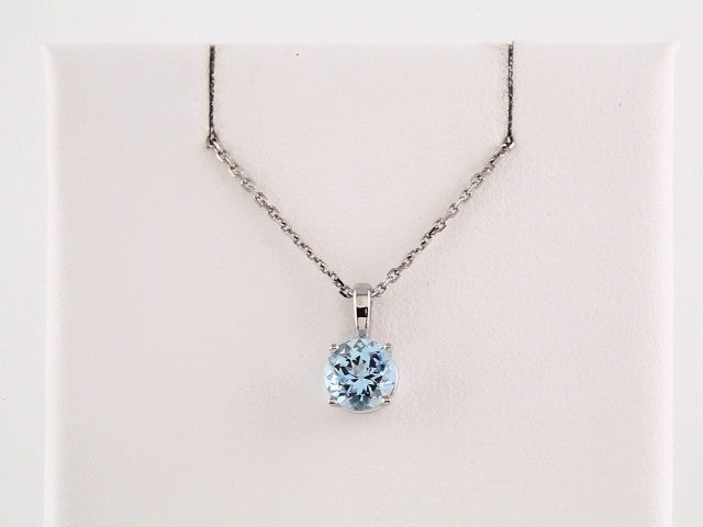 14K White Gold Natural Aquamarine Youth Solitaire Necklace - 14 Inch