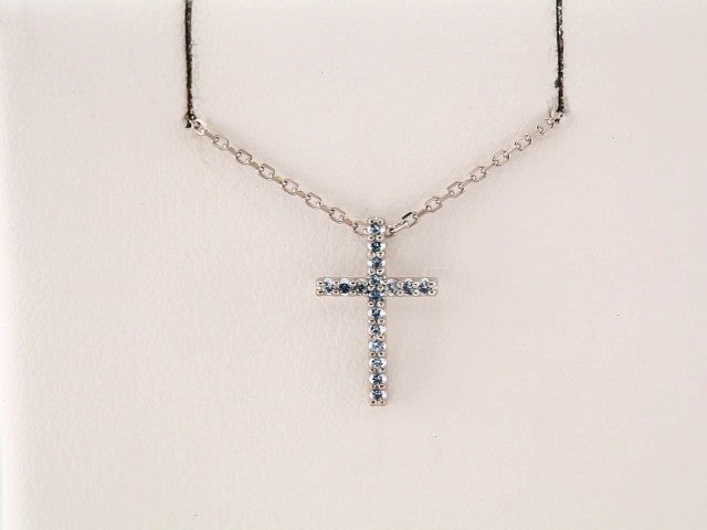 14K White Natural Blue Sapphire Petite Cross 16" Necklace