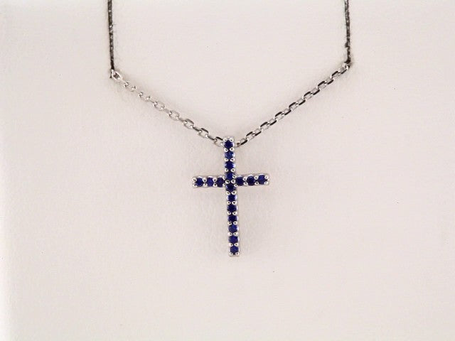 14K White Gold Petite Cross Necklace with Natural Blue Sapphires - 16 Inches