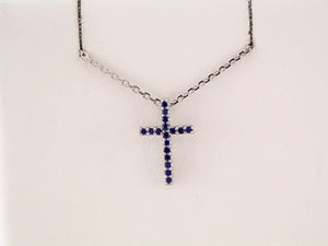 14K Gold Natural Blue Sapphire Petite Cross Necklace