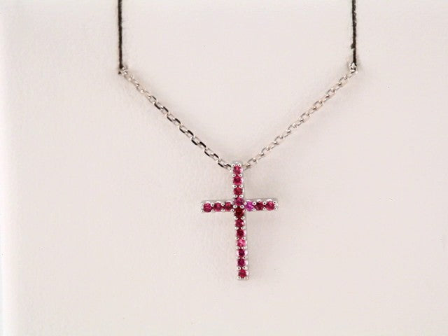 14K White Gold Petite Cross Necklace with Natural Blue Sapphires - 16 Inches